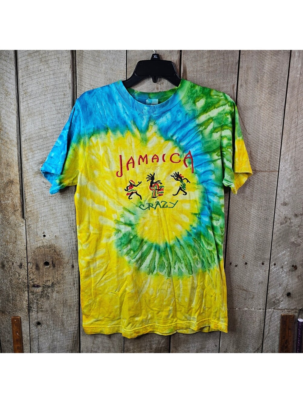 Jamaica Me Crazy Tie Dye T-Shirt Tropix Adult Medium Yellow Blue Green Souvenir